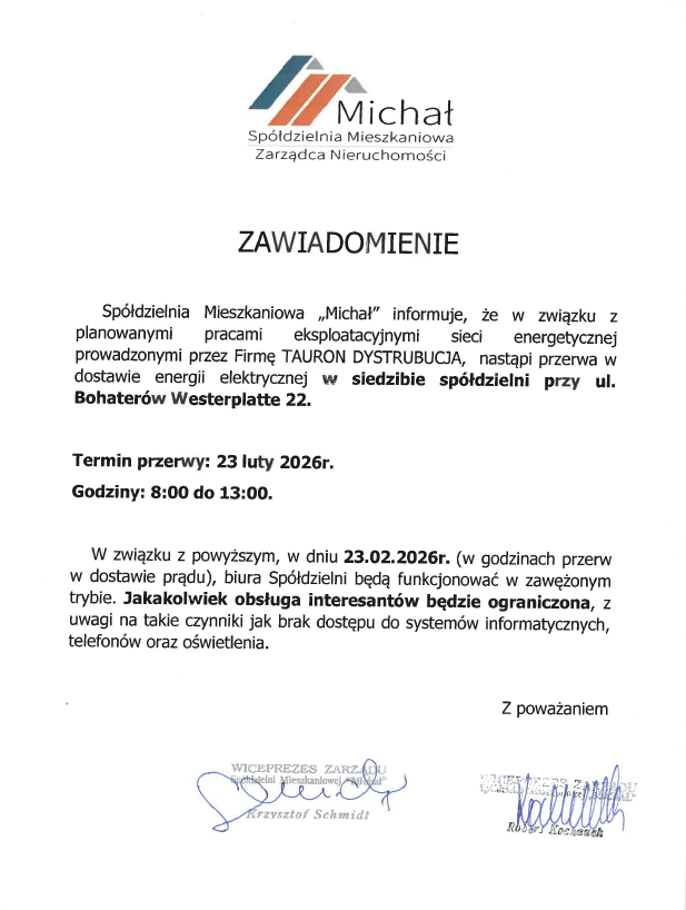 Ograniczona Obsługa Mieszkańców w dn. 23.02.2026r. ze względu na przerwę w dostawie energii elektrycznej